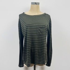 Vince Top T Shirt Black Green Stripes Nateau Neckline Long Sleeves Pocke…